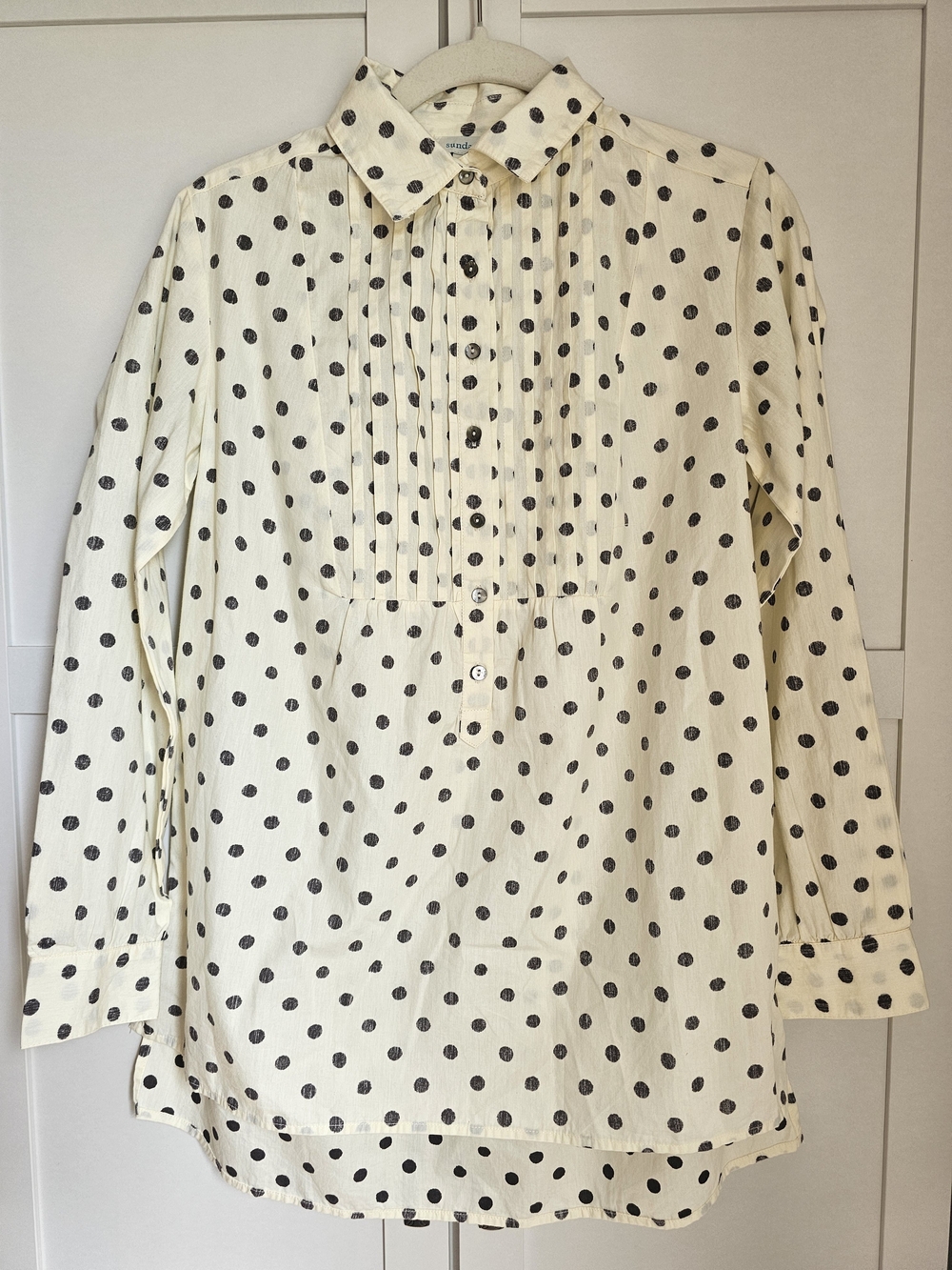 Sundance Polka Dot Pintuck Pleated Cotton Blouse Tunic Shirt Ivory Charcoal XS